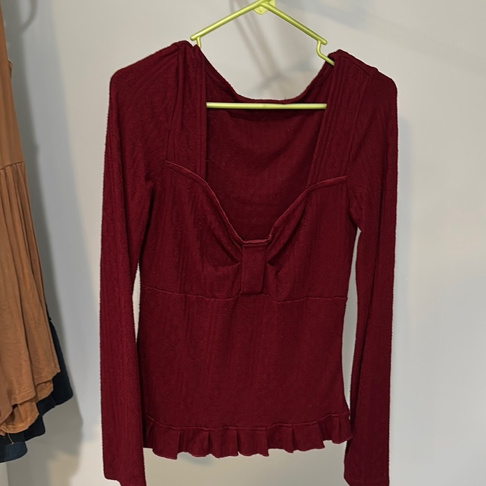 Femmenina Red Long Sleeve Bow Cut Top